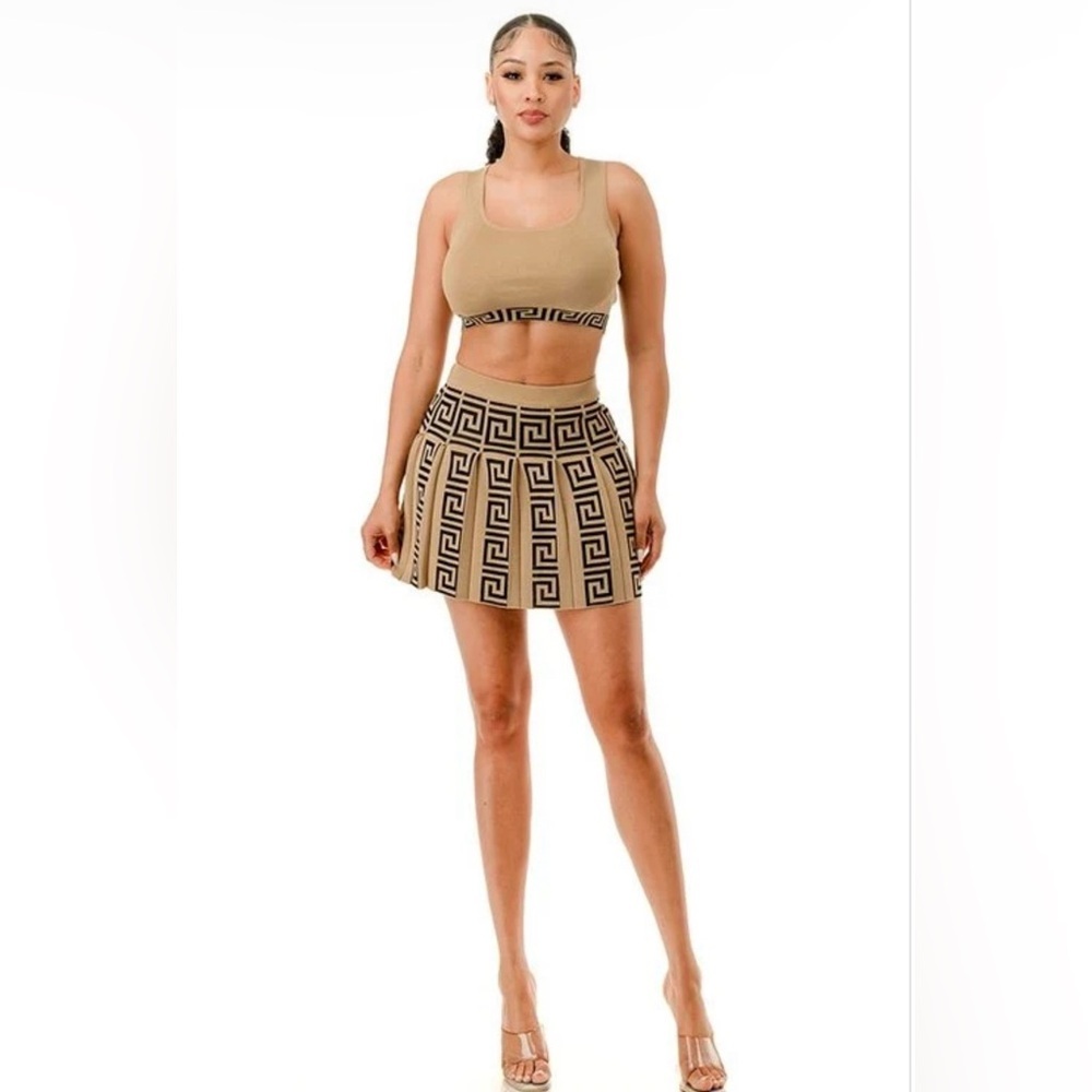 KHAKI/BLACK PRINT TANK TOP CROP TOP PRINTED PLEATED TENNIS SKIRT